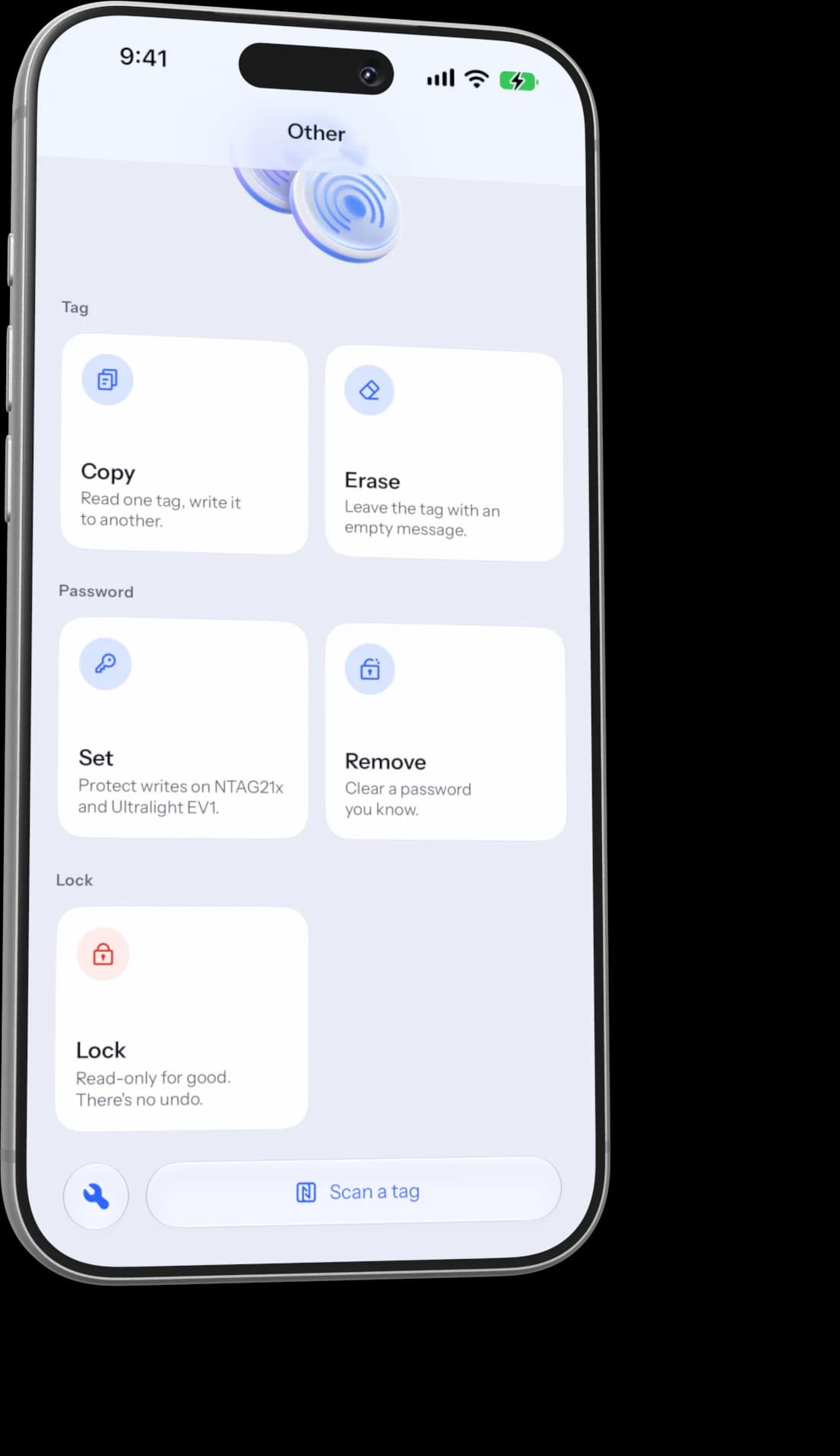 The Other tab with Copy, Erase, password and lock tools