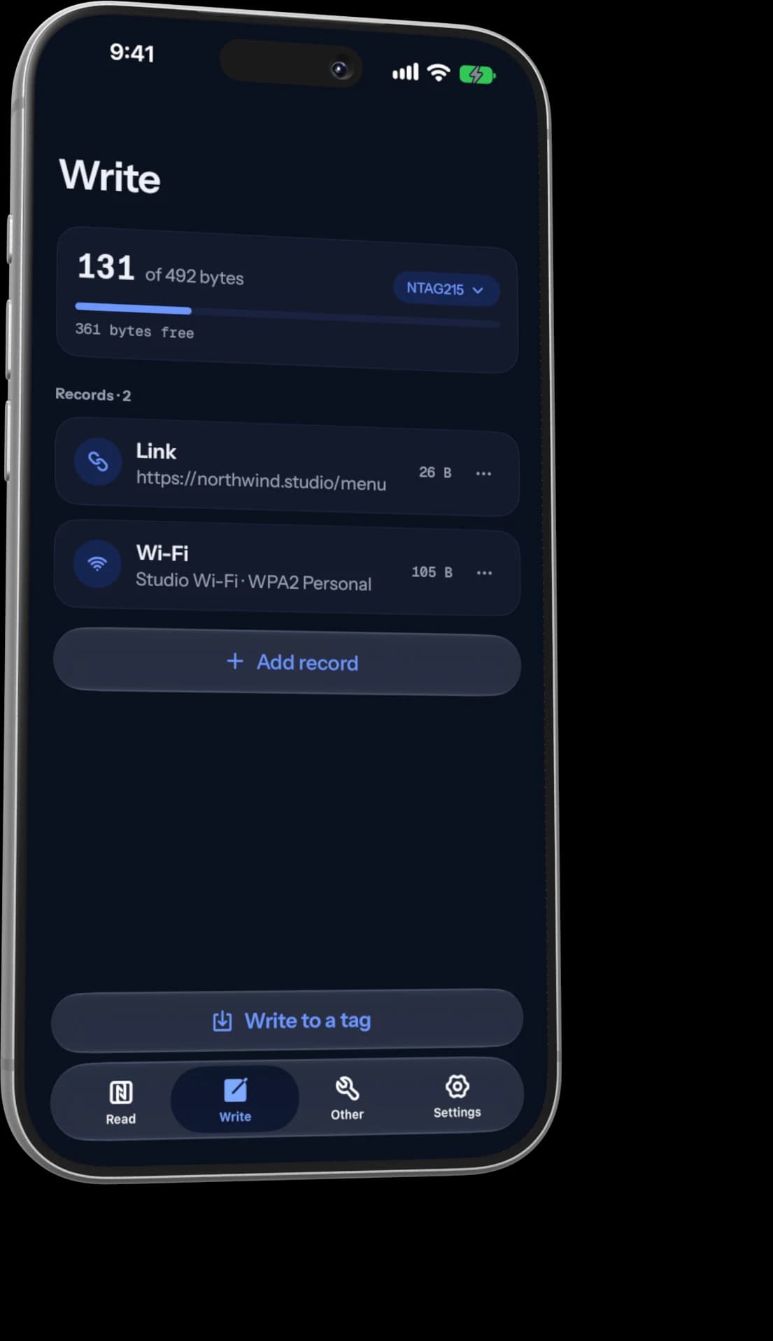 The Write tab with a link and a Wi-Fi record