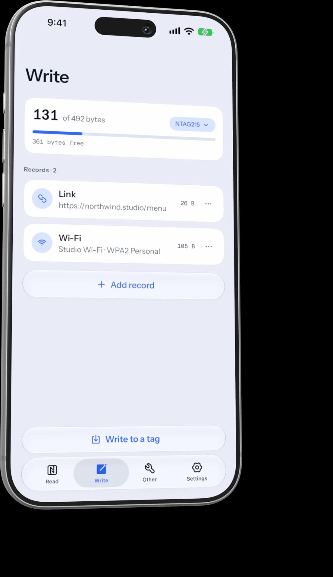 The Write tab with a link and a Wi-Fi record